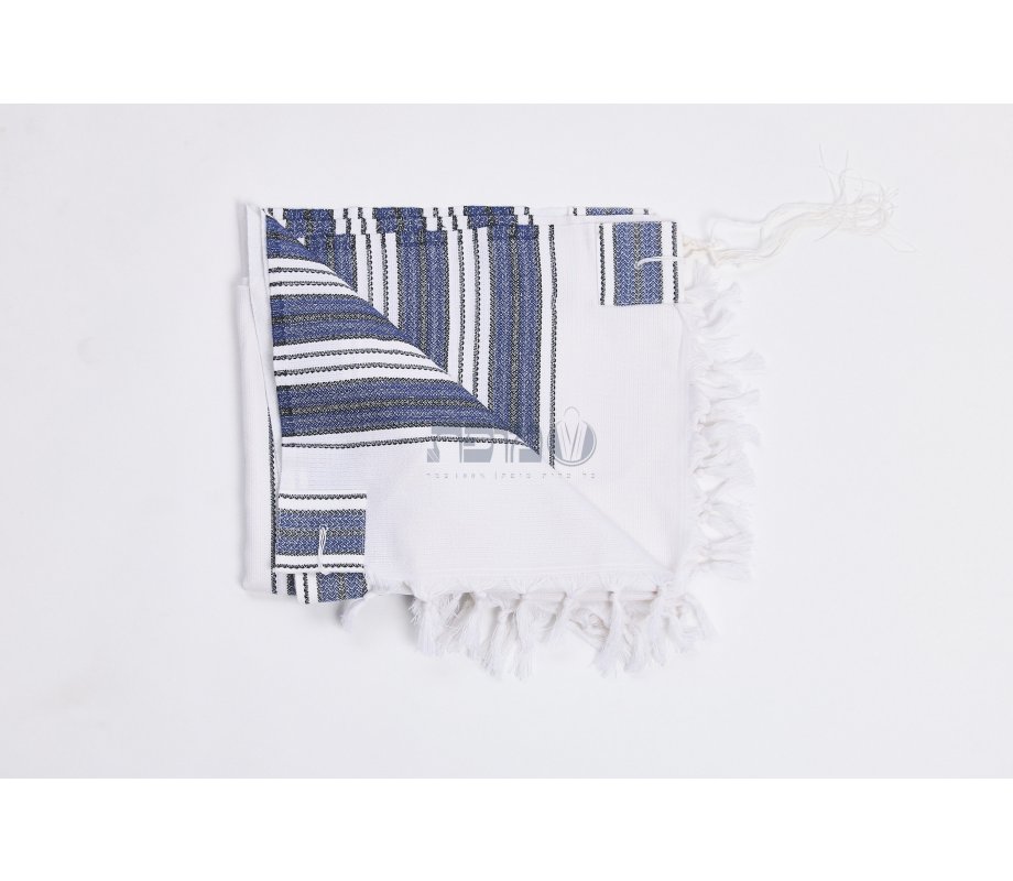 Halleluyah Wool Tallit Non Slip Prayer Shawl - Royal Blue and Black Stripes with Wave Design