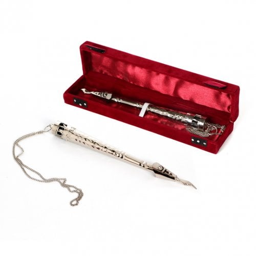 Hammered Silver Plated Torah Pointer with Chain - Red Velvet Presentation Box