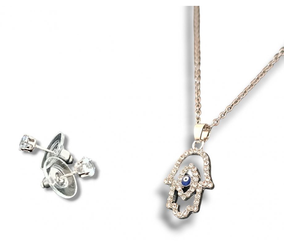 Hamsa Pendant Necklace with Stud Earrings, Rhodium – Choice of Silver or Gold