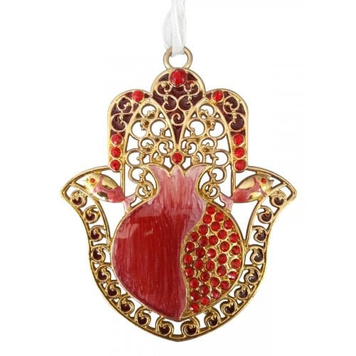 Hamsa Wall Decoration - Red Enamel Pomegranate and Crystals