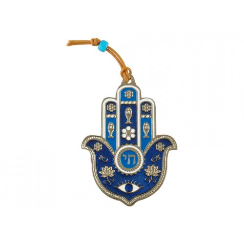 Hamsa Wall Decoration, Hebrew Chai with Good Luck Symbols – Silver and Blue