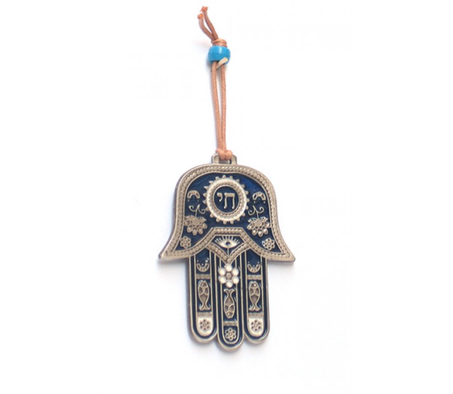 Hamsa Wall Decoration with Chai and Good Luck Symbols - Blue