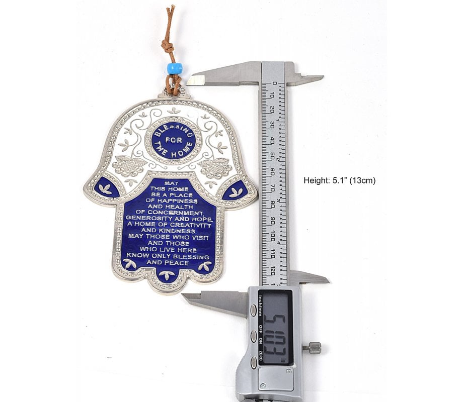 Hamsa Wall Decoration with English Home Blessing and Flowers - Blue and White