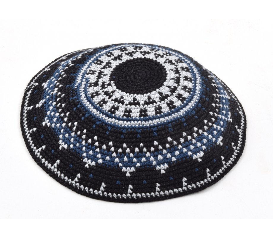 Hand Knitted Premium DMC Cotton Kippah - Black and Gray Stripes