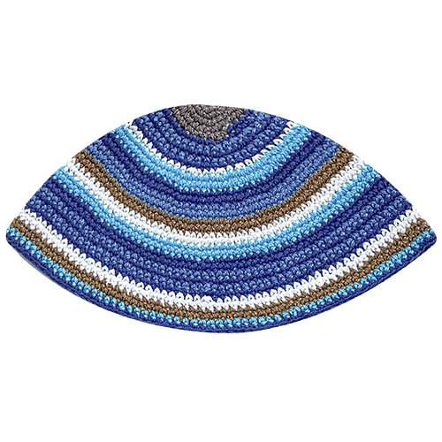 Hand Made Frik Kippah with Blue, Beige and Gray Stripes