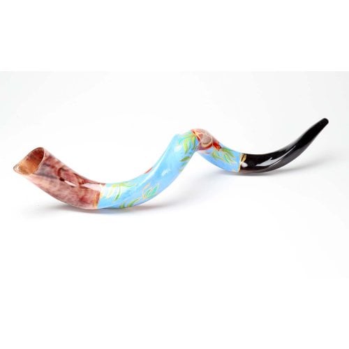 Hand Painted Yemenite Shofar with Lively Pomegranates