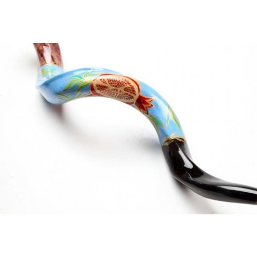 Hand Painted Yemenite Shofar with Lively Pomegranates