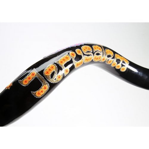 Hand Painted Yemenite Shofar with Star, Menorah and Jerusalem