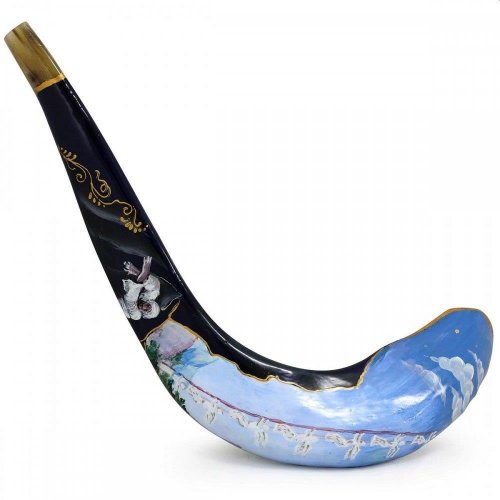Hand Painted in Israel Rams Horn Shofar - Blue Jacobs Ladder with Gold Elements