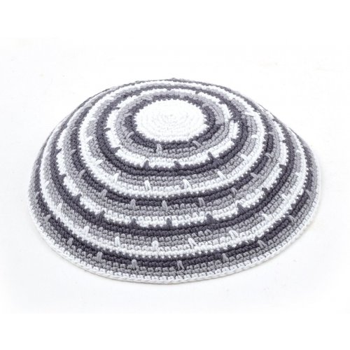 Handknitted DMC Cotton Kippah - Gray and White Circular Stripes