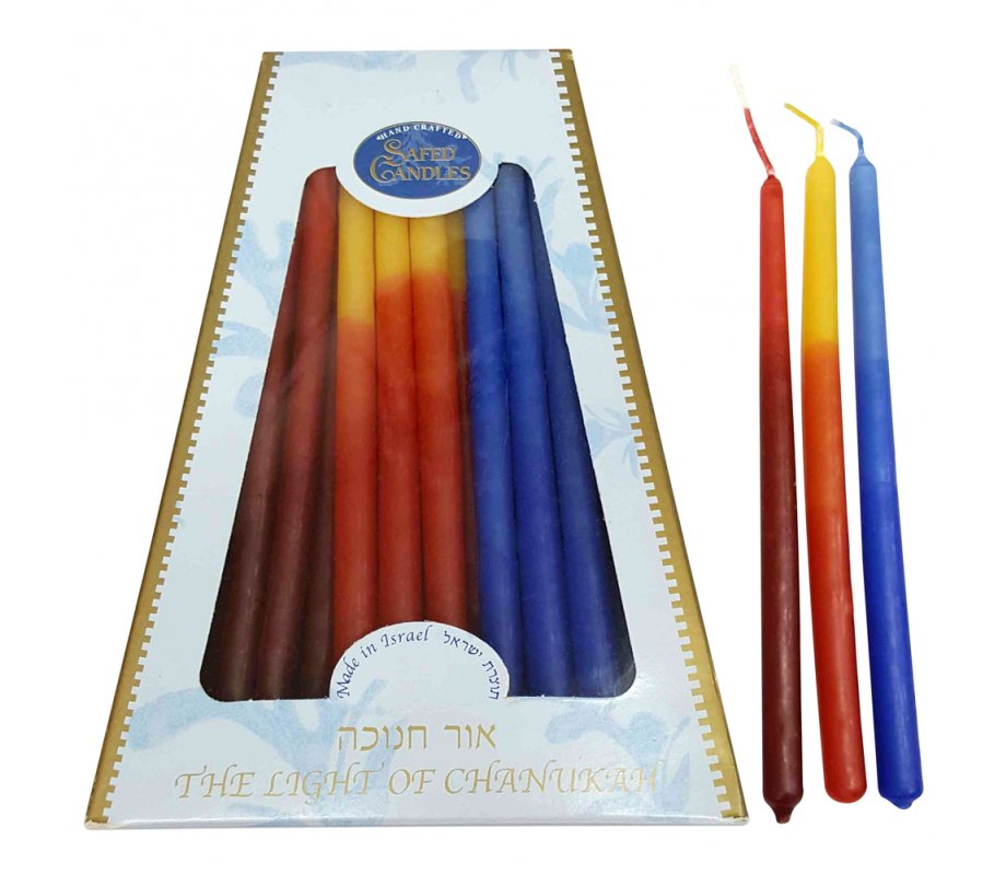 Handmade Safed Dripless Hanukkah Candles - Light Blue and Fire Colors