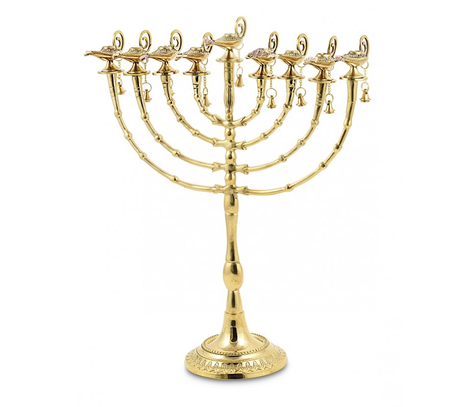 Hanukkah Menorah, Golden Brass with Decorative Aladdin Lamp and Bell - 16”