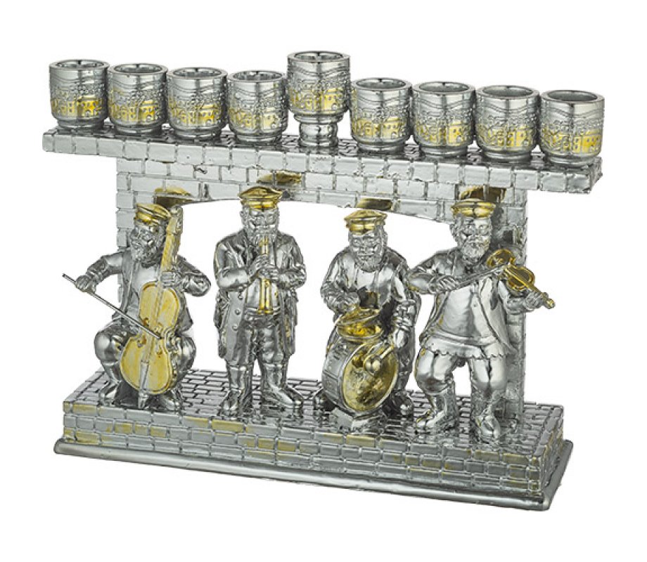 Hassidic Figures Design Polyresin Two Tone Chanukah Menorah - For use with oil