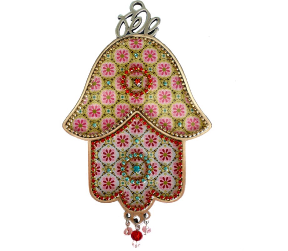 Iris Design Hamsa Wall Plaque - Oriental Pink and Green Theme with Eye Motif