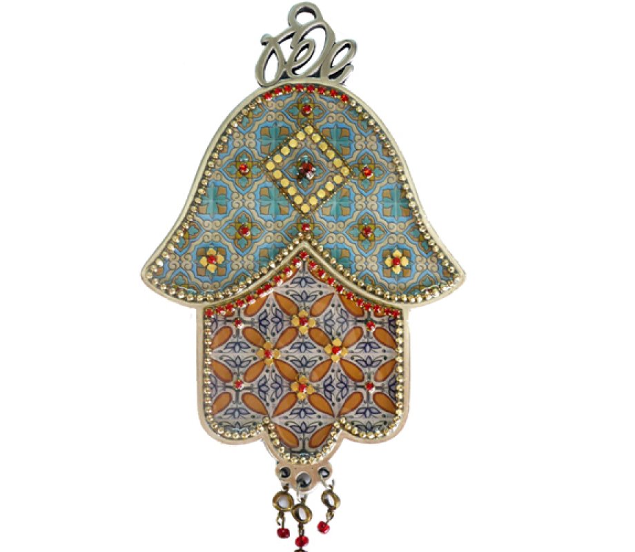 Iris Design Hamsa Wall Plaque, Colorful Leaf Motif and Protective Eye Image