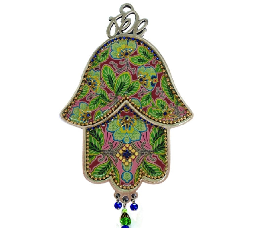 Iris Design Hamsa Wall Plaque, Green and Pink Foliage with Gold Protective Eye