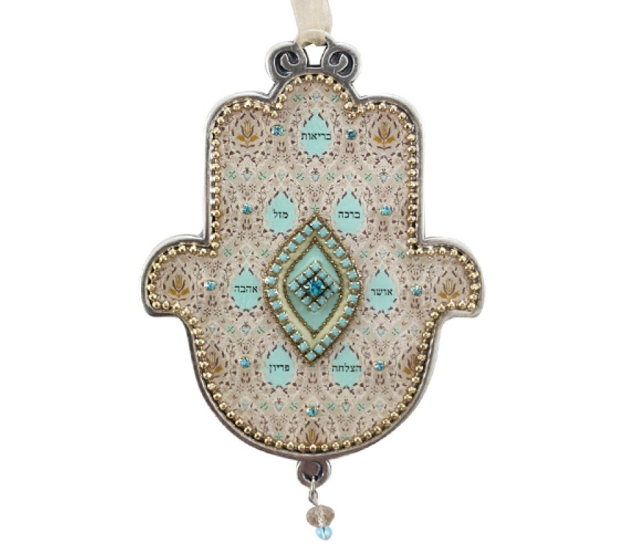 Iris Design, Hamsa Wall Plaque with Blessing Words in Hebrew - Turquoise