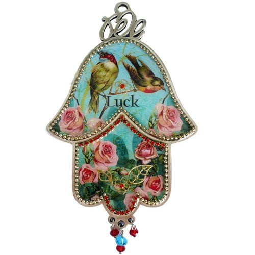 Iris Design Hamsa Wall Plaque with Songbirds and Pink Roses and 