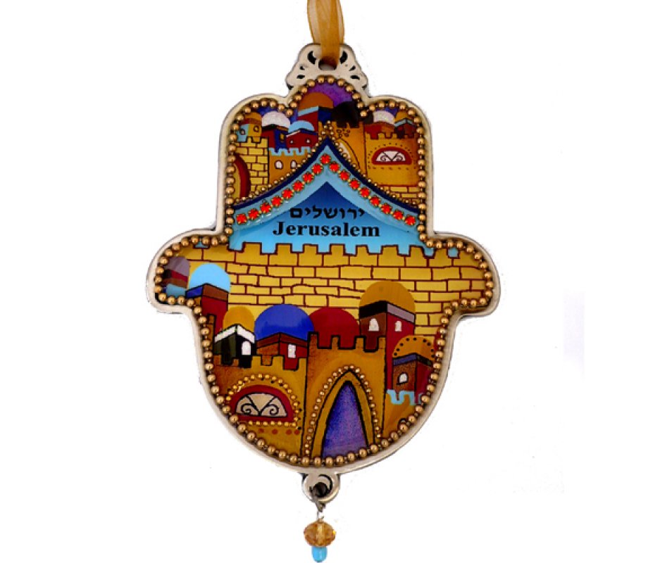 Iris Design Hand Painted Hamsa Wall Plaque, Colorful Jerusalem Images