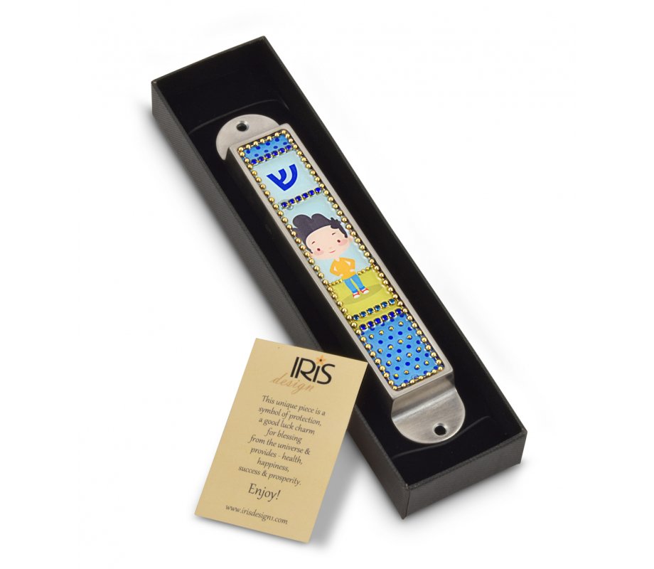 Iris Design Handcrafted Pewter & Enamel Beaded Kids Mezuzah Case - Young Boy