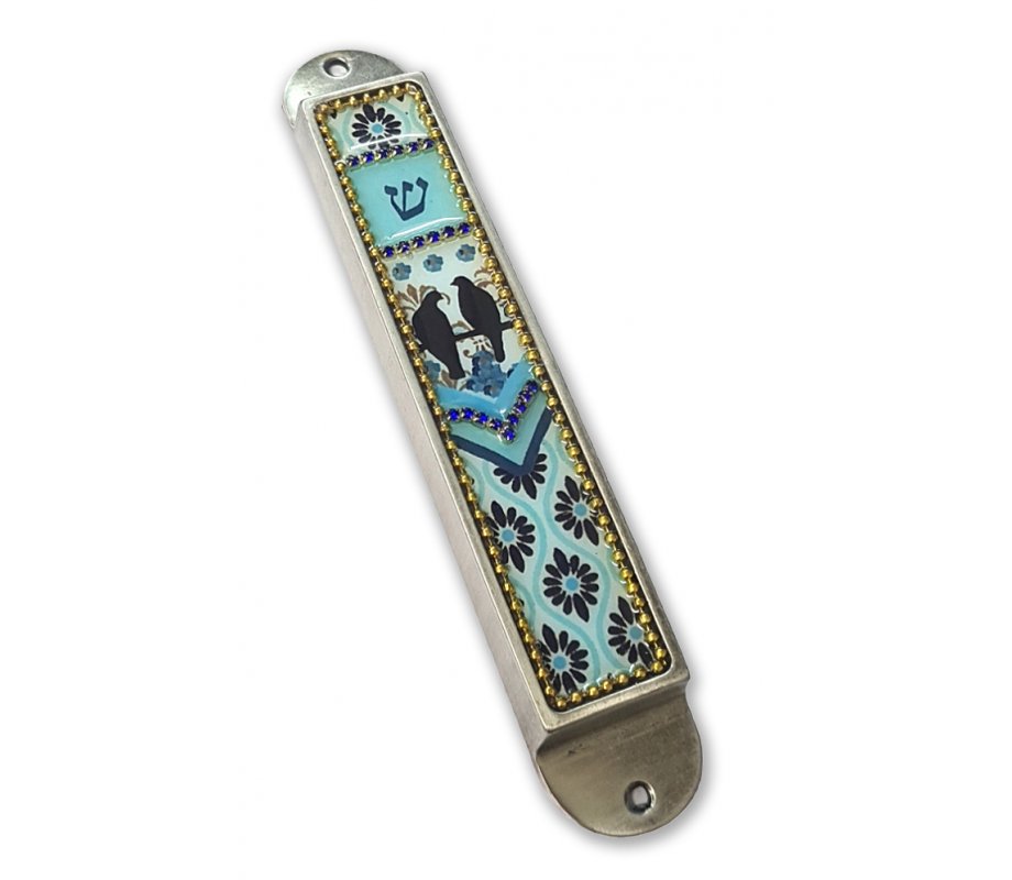 Iris Design Handcrafted Pewter & Enamel Beaded Light Blue Mezuzah Case - Love Birds