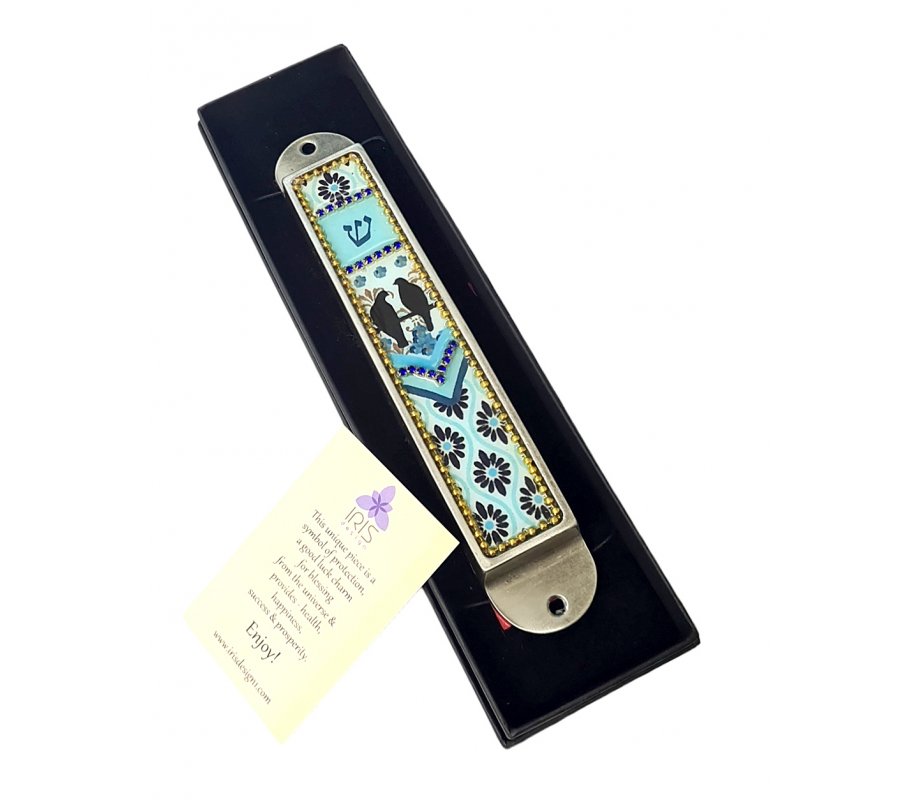 Iris Design Handcrafted Pewter & Enamel Beaded Light Blue Mezuzah Case - Love Birds