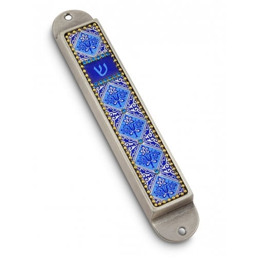 Iris Design Handcrafted Pewter & Enamel Beaded Mezuzah Case - Blue Flowers
