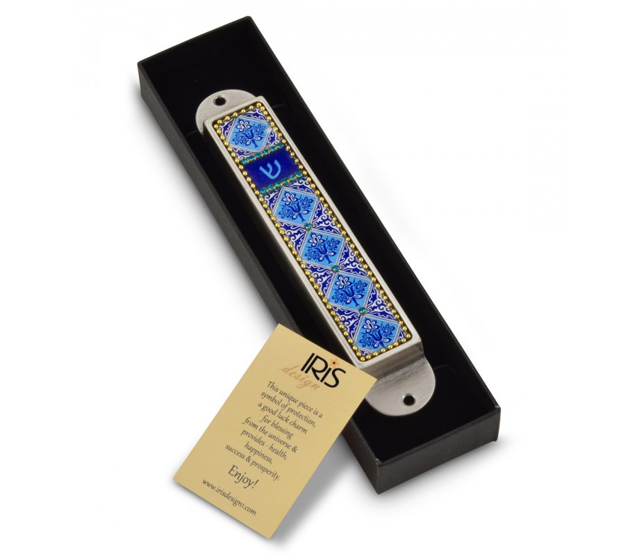 Iris Design Handcrafted Pewter & Enamel Beaded Mezuzah Case - Blue Flowers