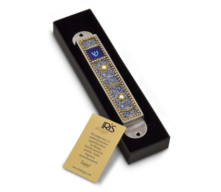Iris Design Handcrafted Pewter & Enamel Beaded Mezuzah Case - Dark Blue Swirls