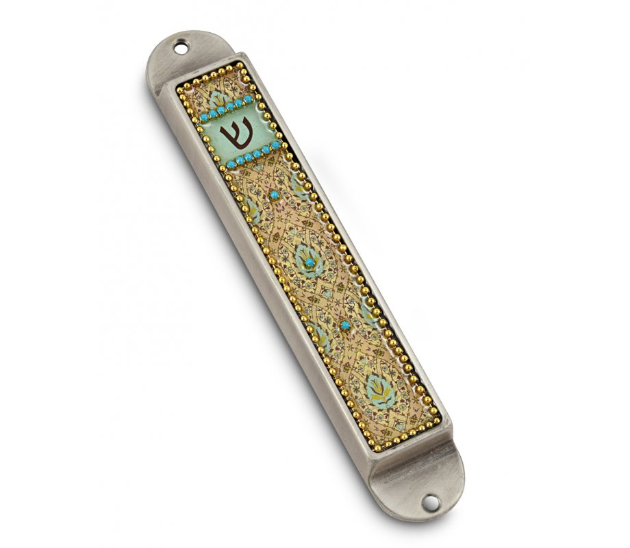 Iris Design Handcrafted Pewter & Enamel Beaded Mezuzah Case - Floral Geometrics
