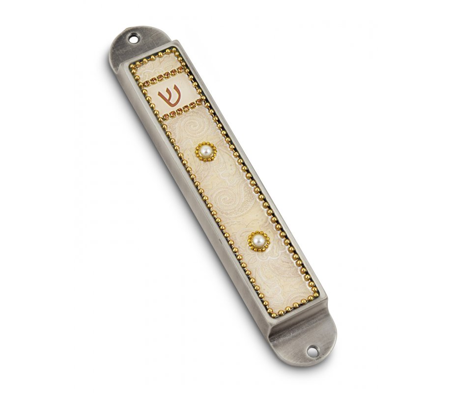 Iris Design Handcrafted Pewter & Enamel Beaded Mezuzah Case - Pearls on Cream