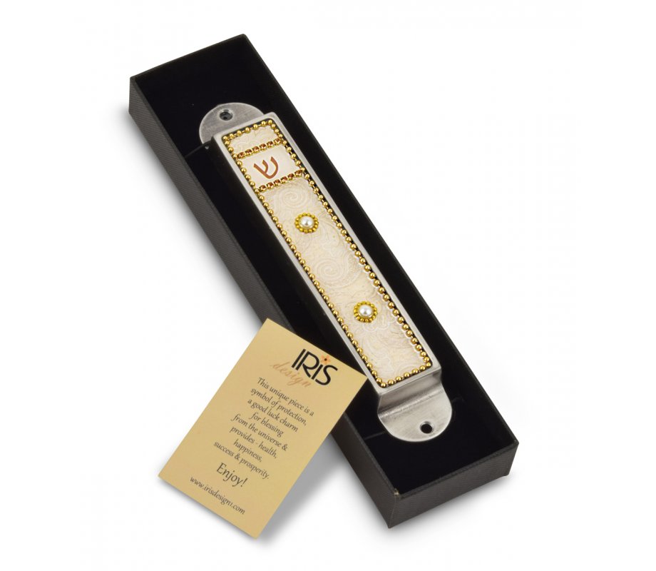 Iris Design Handcrafted Pewter & Enamel Beaded Mezuzah Case - Pearls on Cream