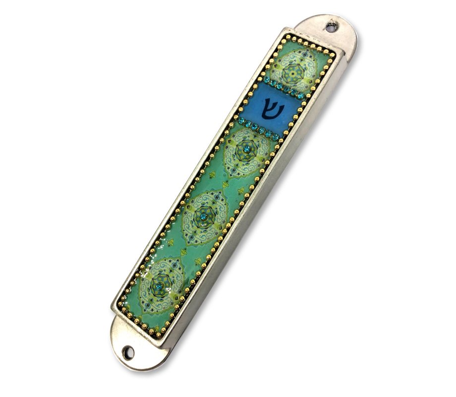 Iris Design Handcrafted Pewter Enamel Mezuzah Case - Oriental Design