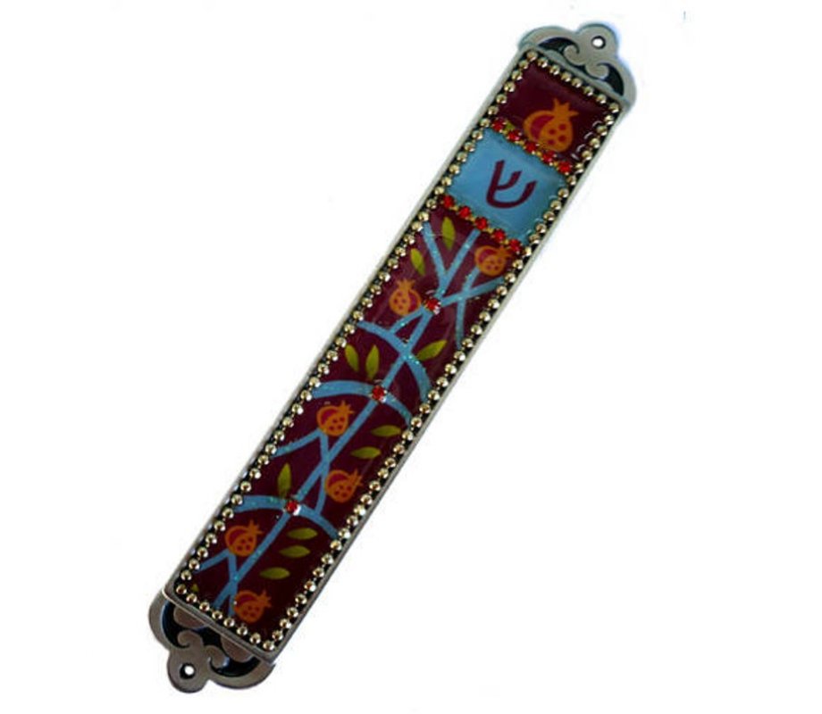 Iris Design Handcrafted Pewter and Enamel Beaded Mezuzah Case - Pomegranates