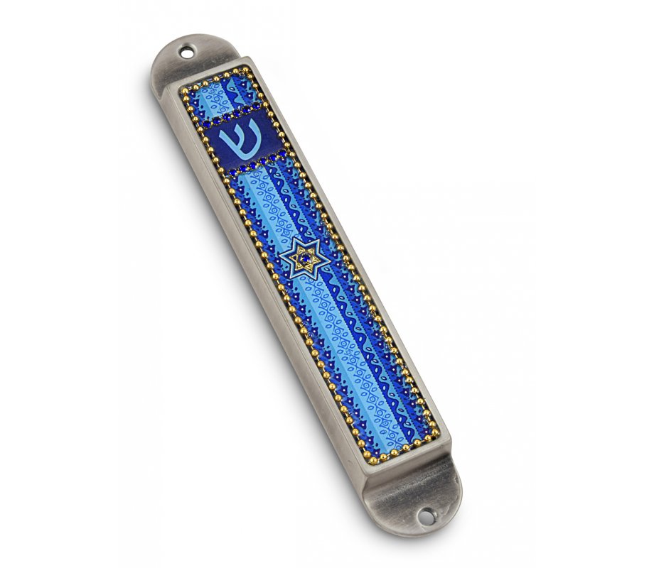Iris Design Handcrafted Pewter and Enamel Beaded Mezuzah Case, Blue - Star of David
