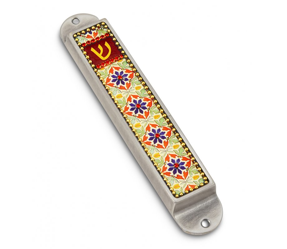 Iris Design Handmade Pewter Enamel Beaded Mezuzah Case - Flowers