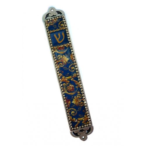 Iris Design Mezuzah Case, Hand Painted Enamel on Pewter, Beaded - Blue and Gold