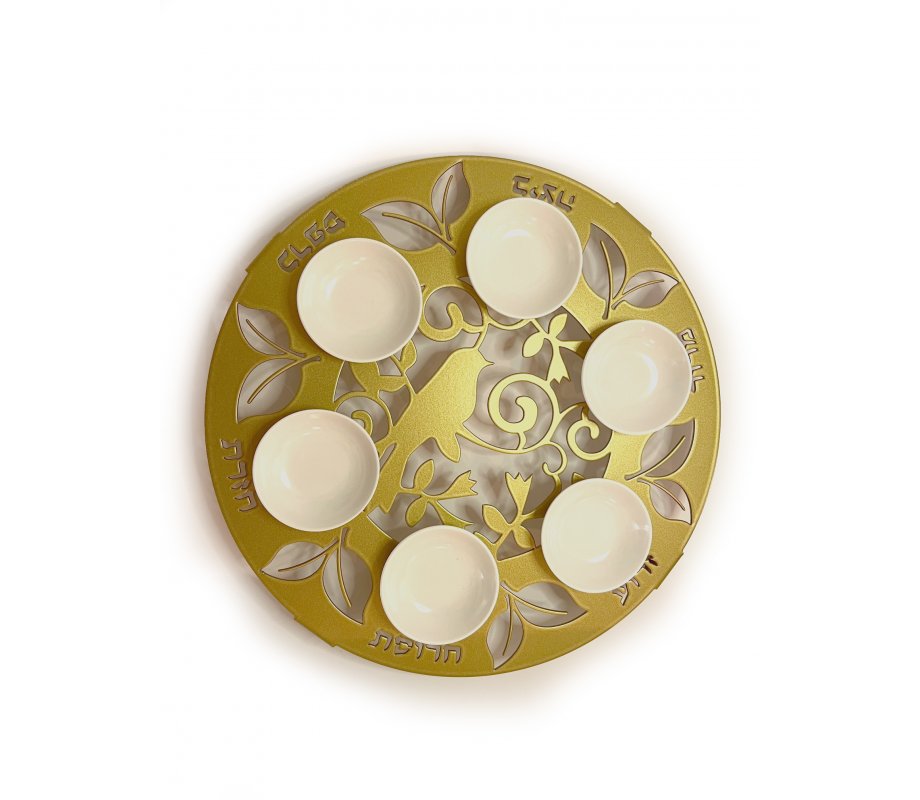 Iris Design, Raised Handmade Seder Plate with Cutout Bird and Leaves – Gold