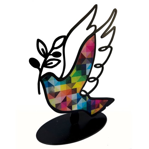 Iris Design Table or Shelf Sculpture - Colorful Dove of Peace with Olive Leaf