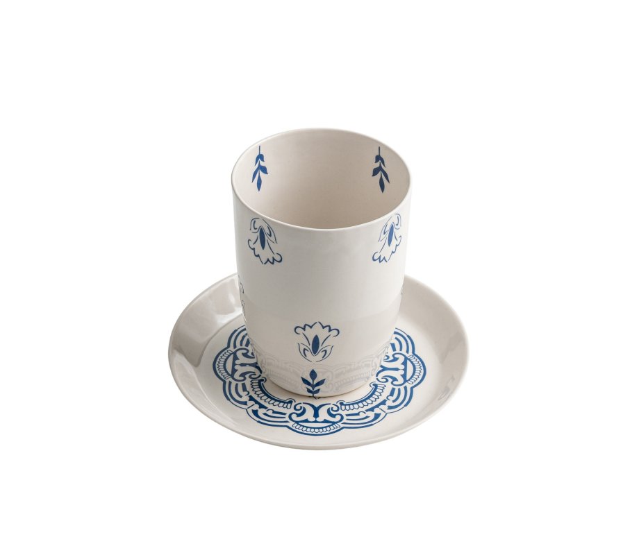 Israel Museum Ceramic Kiddush Cup and Plate - Blue Flowers