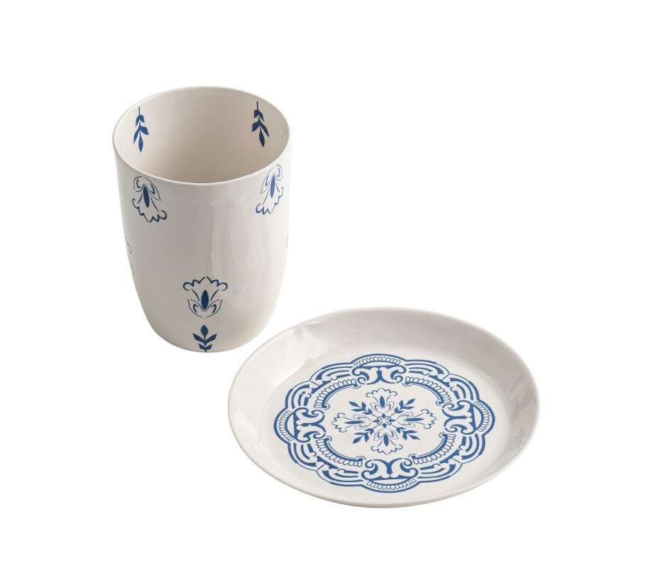 Israel Museum Ceramic Kiddush Cup and Plate - Blue Flowers