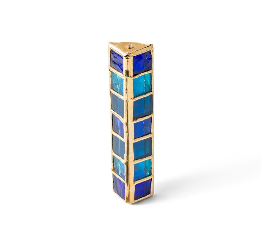 Israel Museum Metal Mezuzah Case, With Blue Glass Tiles