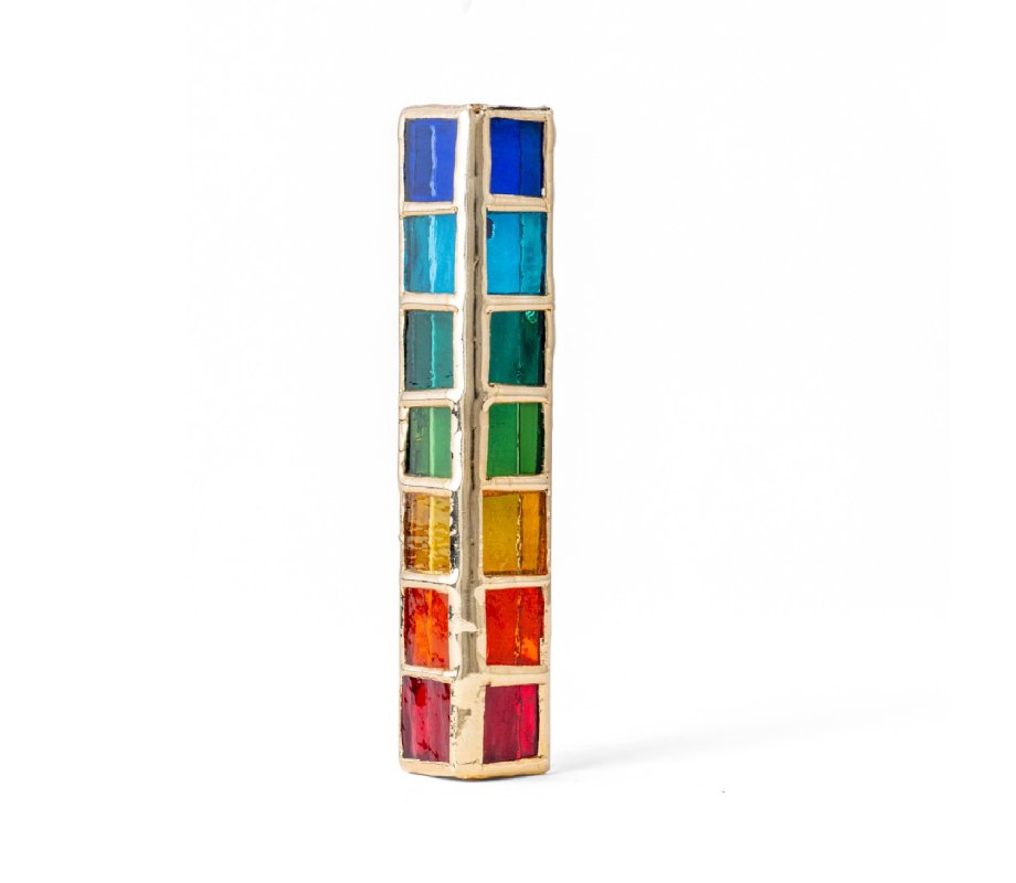 Israel Museum Metal Mezuzah Case, With Rainbow Glass Tiles - Small