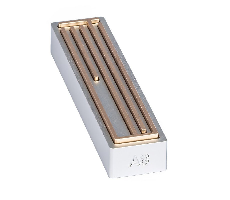 Israel Museum Small Metal Mezuzah Case, Shin Daled Yud - Champagne on Gray