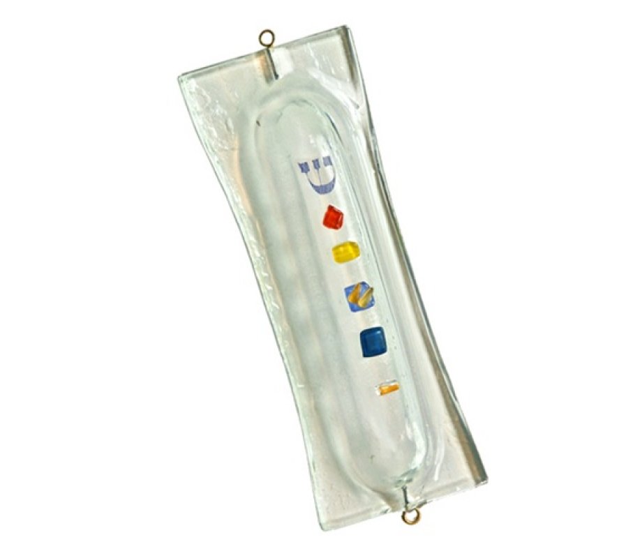 Itay Mager Fused Glass Mezuzah Case  Off White with Colored Glass Decorations