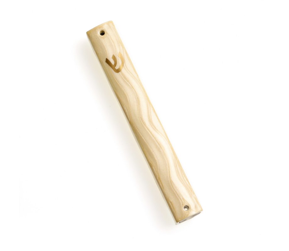 Ivory Mezuzah Case with Wave Design, Gold Shin - for 12 cm or 15 cm Scroll