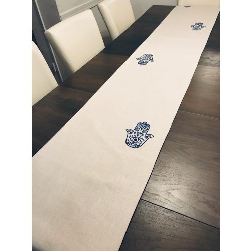 Ivory Table Runner with Blue Hamsa Design