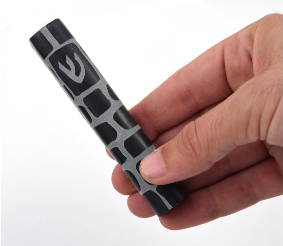 Jerusalem Stone Mezuzah Case with Western Wall Image, Black and White - 4.3