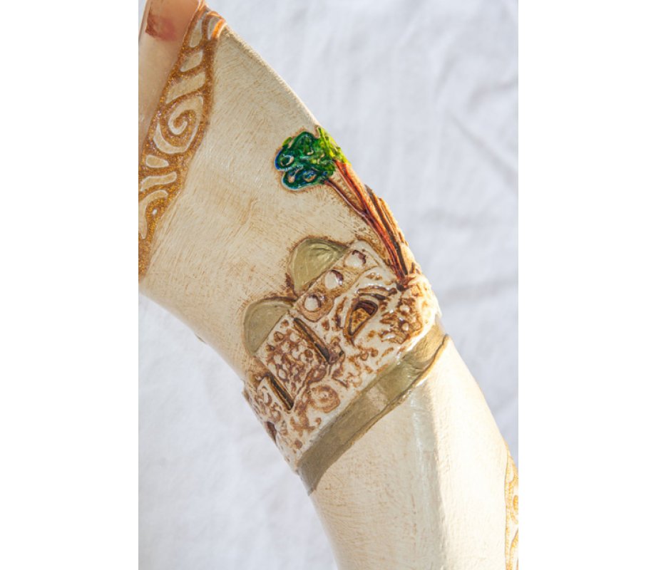 Jumbo Yemenite Hand Painted Shofar - Jerusalem with Olive Tree