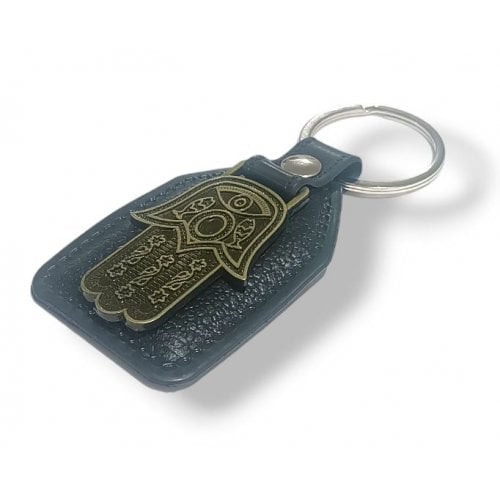 Key Chain with Metal Hamsa Engraved in Gold  Attached to Black Vinyl Base